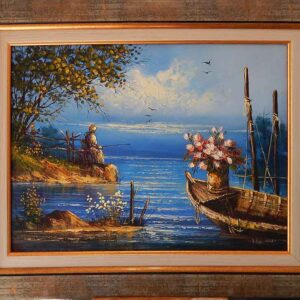 Peisaj cu barca si flori